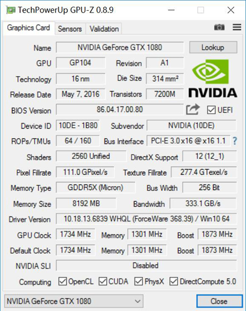 映众GTX 1080冰龙超级版显卡GPU-Z检测